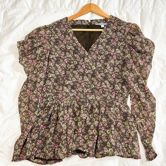 NWOT Walter Baker Rita Floral Wrap Peplum Top Brown Pink Green Size Large - Picture 9 of 12